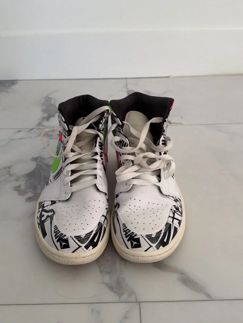 Air Jordan 1 Mid Over-Print Logos Neon Sneakers
